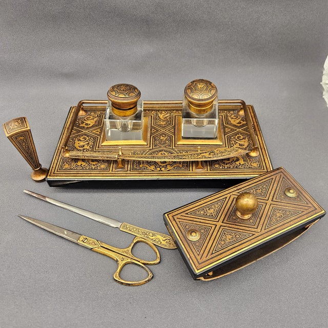 Victorian-Era Inkwell with Boulle Inlays in Ebonized Wood and Brass, Set of 8 For Sale - Image 10 of 16