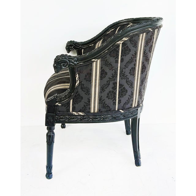 Vintage Ebonized Carved Ram's Head Bergère Chairs, Pair For Sale - Image 9 of 16