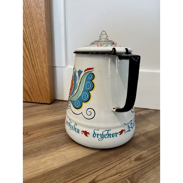This item is a vintage Berggren enamel Swedish coffee percolator featuring a vibrant folk art design. Enamelware with a...