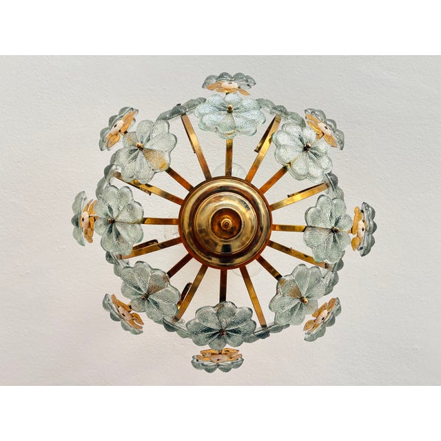 Brass Vintage Italian Hand-Painted Sage Green Glass & Brass Floral Flush Mount Chandelier For Sale - Image 8 of 18