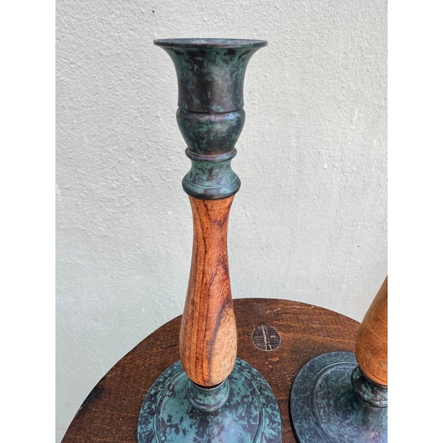 Mid-Century Modern Vintage Scandinavian Wood & Verdigris Patina Candlesticks, a Pair — Rustic Modern For Sale - Image 3 of 9