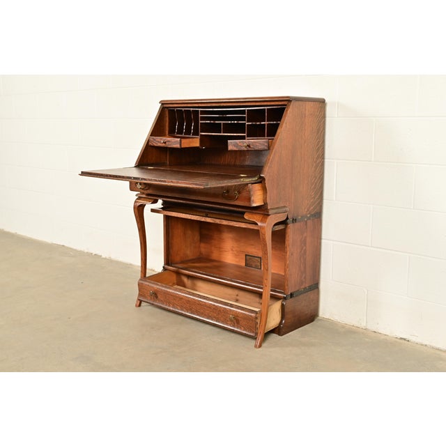 Globe Wernicke Antique Mission Oak Arts & Crafts Slant Front Secretary Desk With Barrister Bookcase, Circa 1910 For Sale In South Bend - Image 6 of 16