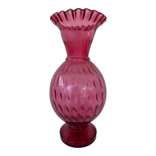Vintage Fenton Cranberry Coin Dot Vase With Ruffled Rim 10.5” For Sale