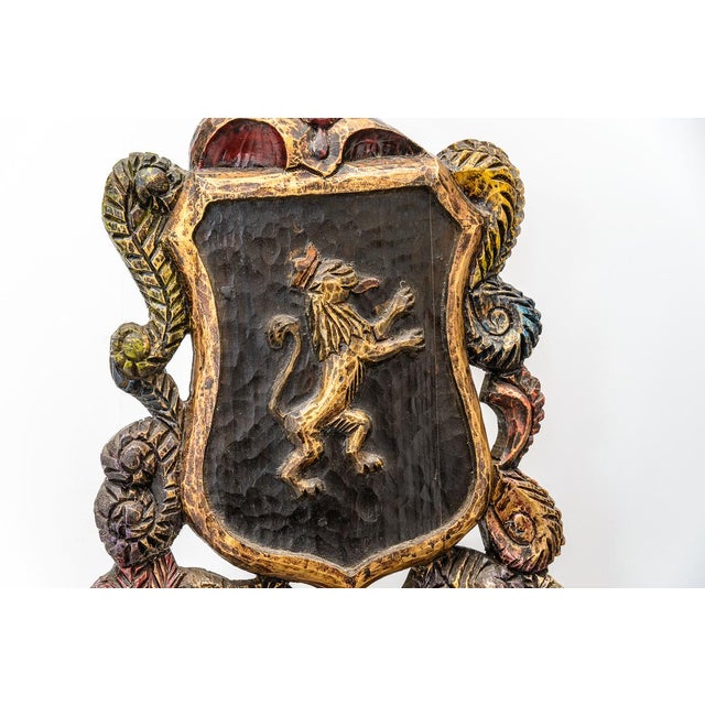 Folk Art Spanish Armorial Crown & Crest, Hall Chairs 19th C. Pair For Sale - Image 3 of 7