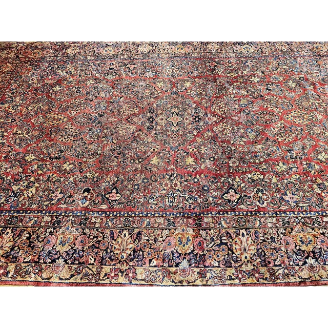 Textile Antique Oversized Persian Sarouk Area Rug, Hand-Knotted Wool, Allover Floral Pattern, 10x17, Red & Navy For Sale - Image 7 of 18
