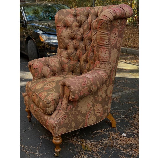 Large Scale Victorian English Ralph Lauren Style Tufted Wingback Chair For Sale In Atlanta - Image 6 of 7