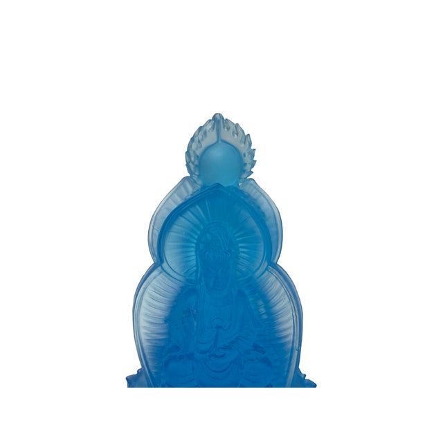 Blue Frosted Crystal Glass Lotus Base 3 Sides Bodhisattva Sanbao Figure For Sale - Image 11 of 13