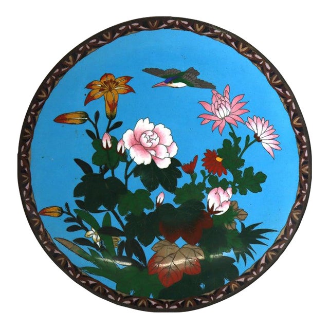 Antique Chinese Floral & Figural Cloisonne Enameled Plate C1920 For Sale