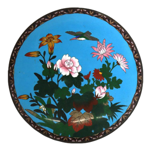 Antique Chinese Floral & Figural Cloisonne Enameled Plate C1920