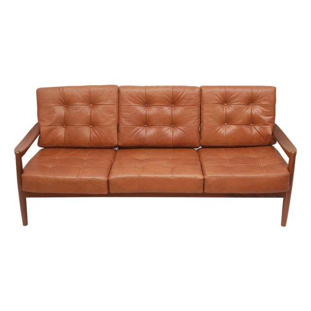 Vintage Sofa with Leather Cushion Cognac, 1965 For Sale