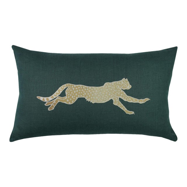 Hollywood Regency Emerald Green and Gold Cheetah Lumbar Pillow For Sale