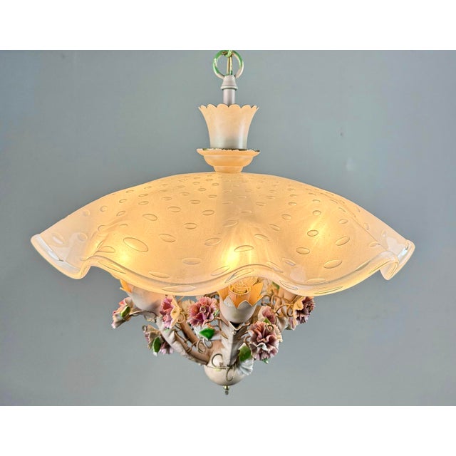 1950’s Italian Tole Chandelier With Murano Glass Shade Porcelain Flowers For Sale - Image 10 of 12