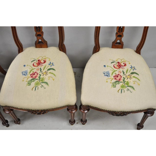 Antique Victorian Carved Walnut French Tapestry Parlor Side Chairs - Set of 4 For Sale - Image 10 of 15
