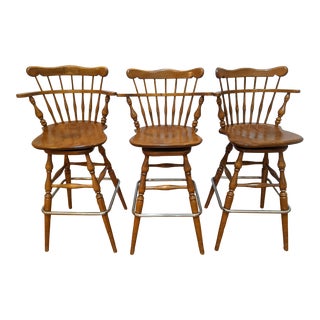 1970s Ethan Allen Maple Heirloom Nutmeg Swivel Comb-Back Barstool Armchairs - Set of 3 For Sale
