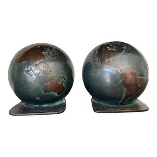 Bronzed Metal World Globe Bookends For Sale