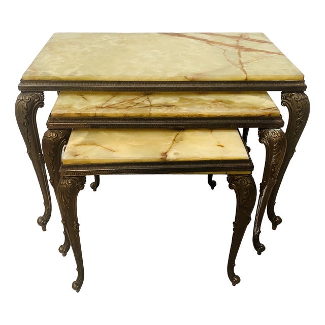 Nesting Tables in Onyx and Brass, Set of 3 For Sale