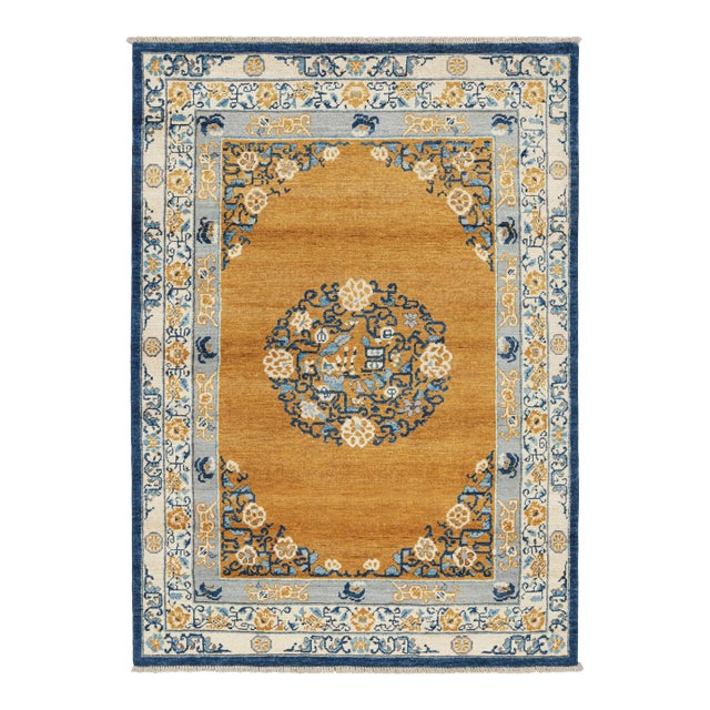 Rug & Kilim’s Art Deco Rug in Gold With Medallion and Floral Patterns For Sale