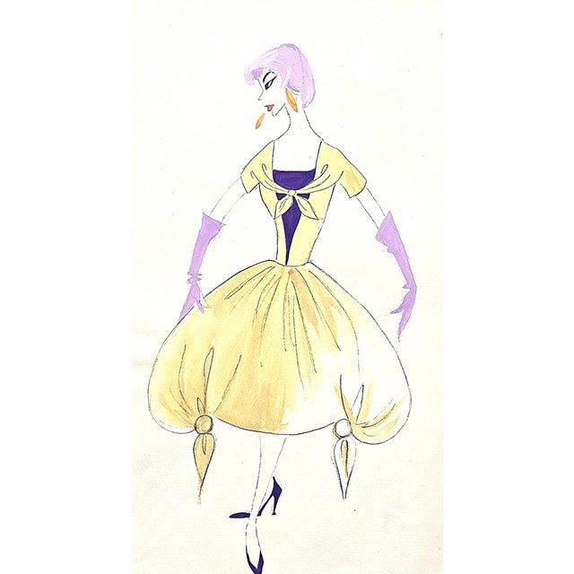 Mid-Century Modern Set of 3- 1959 French Mid-Century Fashion Drawings-Whimsical For Sale - Image 3 of 4