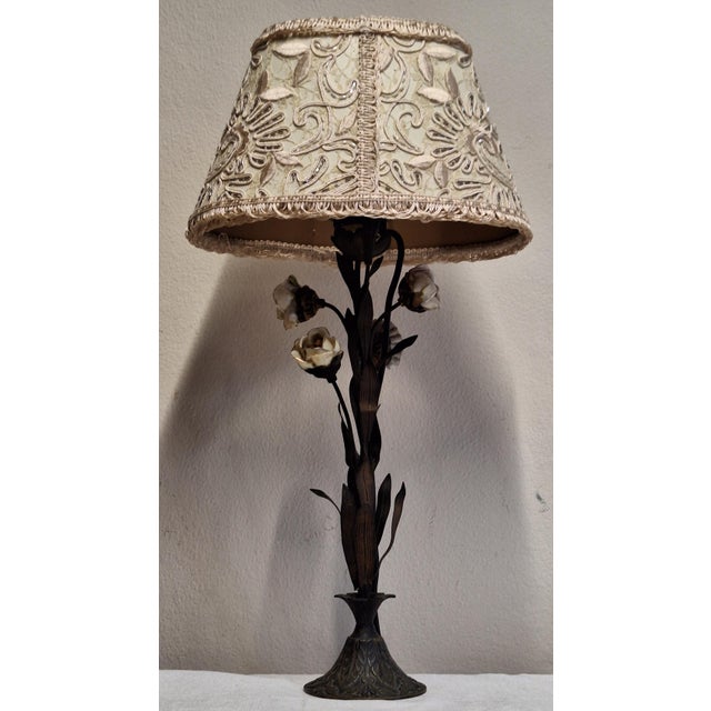 Art Deco French Table Lamp with Metal Frame, Porcelain Flowers, and Fabric Shade, 1930s For Sale - Image 6 of 11