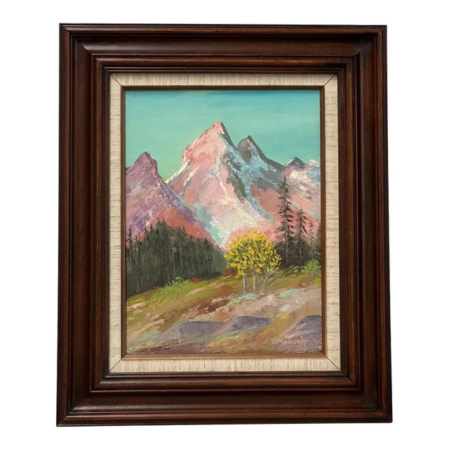 Vintage Framed Painting on Canvas Dt 1987. There Is Artist Note on the Back Titling the Piece ‘ Sunrise on the Tetons’ and Signed by w.s Makuch. For Sale