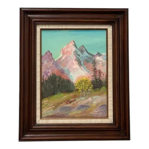 Vintage Framed Painting on Canvas Dt 1987. There Is Artist Note on the Back Titling the Piece ‘ Sunrise on the Tetons’ and Signed by w.s Makuch.