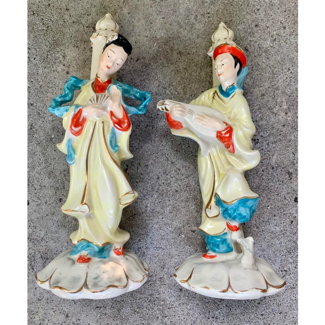 Hand Painted Porcelain Asian Couple Figurines- a Pair For Sale - Image 4 of 9