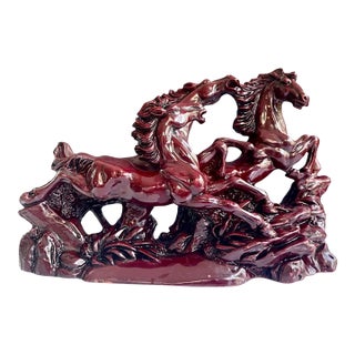 1980s Large Vintage Feng Shui Red Running Horses Sculpture For Sale