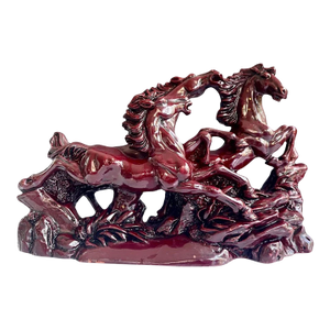 VintageRed Running Horses Sculpture, Large Chinese Lucky Stallions Sculpture, Feng Shui Decor