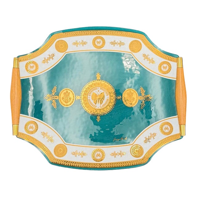 Vintage MCM Georges Briard Teal & Gold Butterfly Curved Glass Tray W/ Wood Handles For Sale