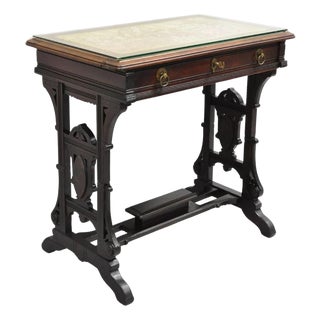 Antique Eastlake Victorian Carved Walnut Small Sewing Stand Tapestry Side Table For Sale