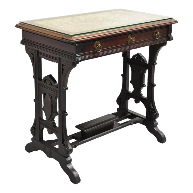 Antique Eastlake Victorian Carved Walnut Small Sewing Stand Tapestry Side Table For Sale