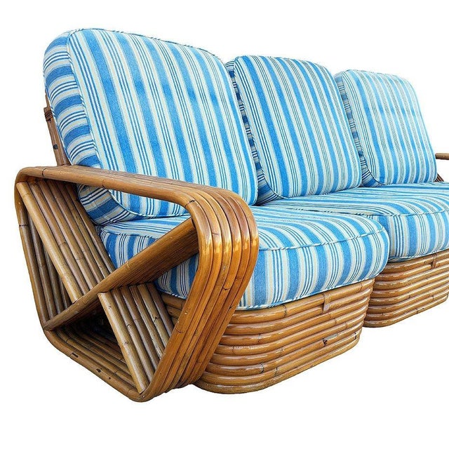 1940s 1940s Restored Mid-Century Modern Rattan Six Strand Square Pretzel Table & Seating Livingroom Set- 5 Pieces For Sale - Image 5 of 9