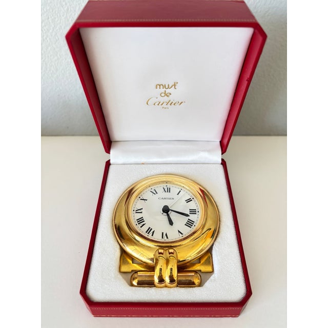 Art Deco Cartier Colisee Art Deco 24k Gold-Plated Travel Desk Clock, 1990s For Sale - Image 3 of 14