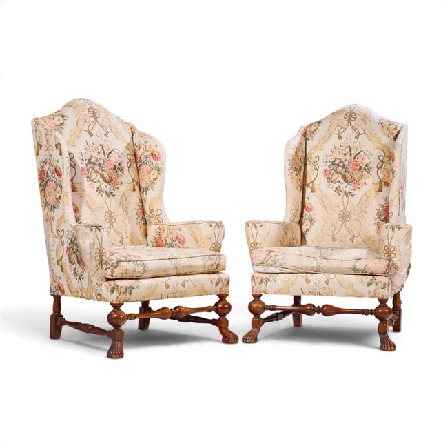 Baker Stately Homes Collection Mahogany Winged Throne Chairs - Pair Each chair measures: 38 wide x 39 deep x 55 high, with...