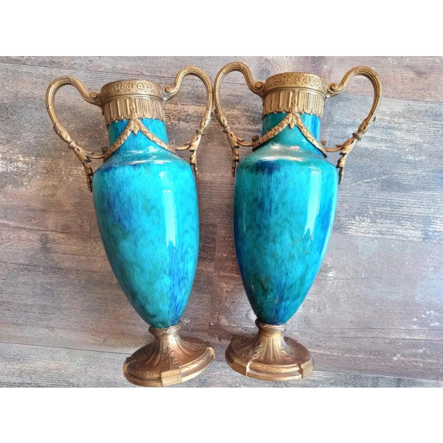 Superbe Pair of vases, blue and green glazed faiance and bronze mounted, in the style of Paul Millet at Sevres, Period:...