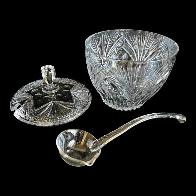 American 1950s Punch Bowl With Lid, Gorham Rosewood Crystal with Spoon| Fanned-Cut Centerpiece For Sale - Image 3 of 5