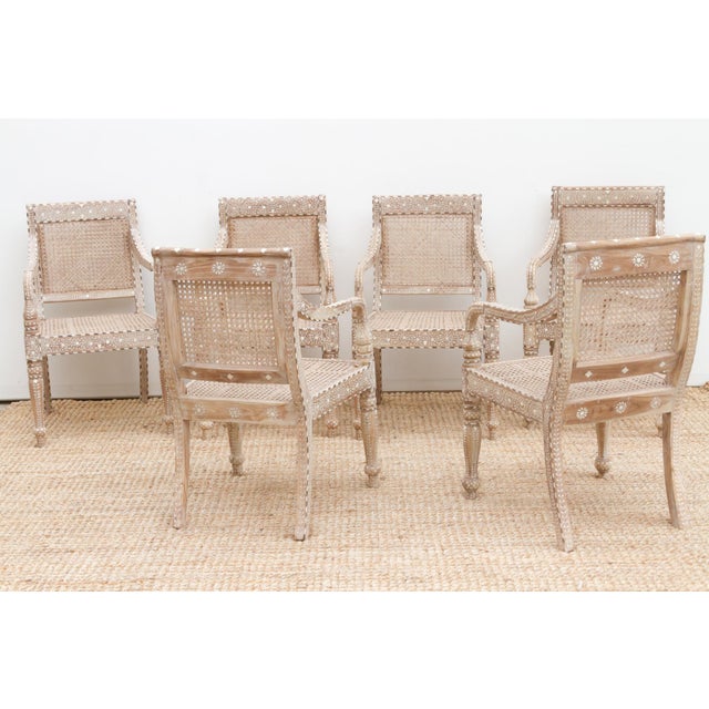 Indian Raj British Colonial Inlaid Dining Chairs, Set of 6 For Sale - Image 3 of 10