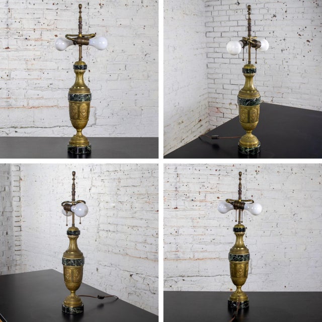 Metal Early to Mid-20th Century Neoclassical Table Lamp Brass and Marble Urn Shaped Base Black Tapered Shade For Sale - Image 7 of 18