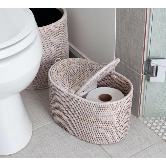 2020s Artifacts Rattan Oval Double Tissue Roll Box in White Wash For Sale - Image 5 of 6