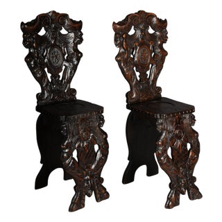Antique Plank Chairs with Grotesque Decorations, Germany, 19th Century, Set of 2 For Sale