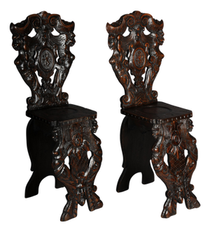 Antique Plank Chairs with Grotesque Decorations, Germany, 19th Century, Set of 2