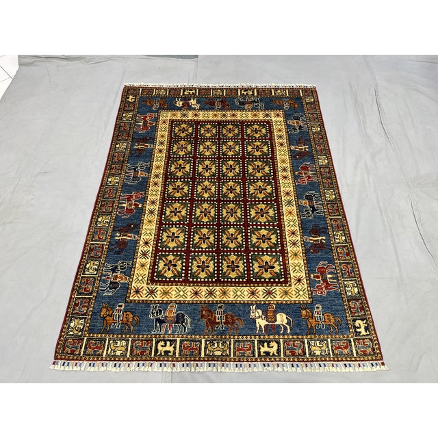 Pictorial Sultani Wool Rug With Horse Border, Blue and Cream, 4'11" X 6'7" For Sale - Image 4 of 15