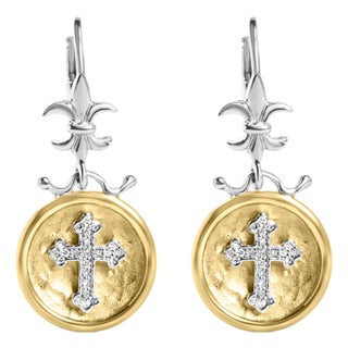 18K Yellow Gold Plated .925 Sterling Silver 1/8Cttw Diamond Hammered Finished Medallion with Cross Drop and Dangle Earrings(I-J Color,SI1-SI2 Clarity) For Sale
