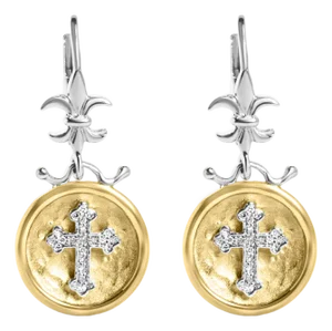 18K Yellow Gold Plated .925 Sterling Silver 1/8Cttw Diamond Hammered Finished Medallion with Cross Drop and Dangle Earrings(I-J Color,SI1-SI2 Clarity)