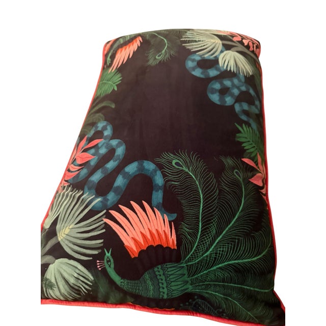 Kate Merritt Illustrated Jungle Throw Pillow - Serpents & Peacock Feathers - Velvet Back - Maximalist Decor For Sale - Image 4 of 10