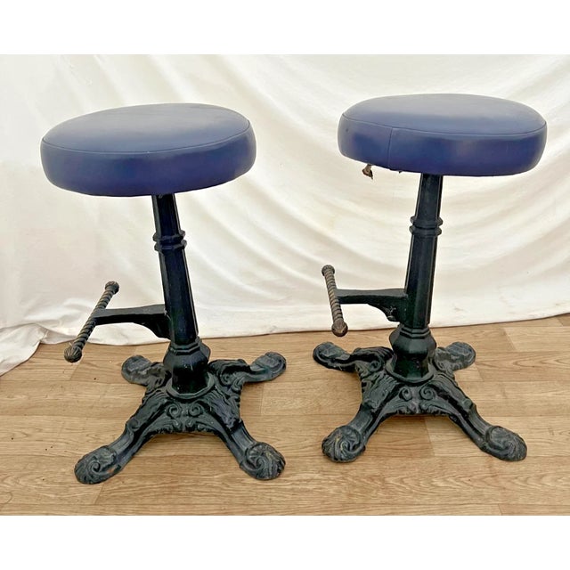 Gorgeous, Vintage cast iron Bar stools Barley Twist footrest swivel seat set of two, 26" x 16' X 16". Very Good structural...