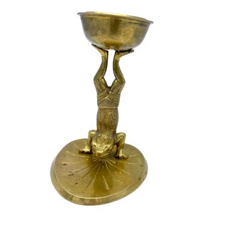 Vintage Brass Handstand Yoga Frog on a Lily Pad Candle Holder For Sale