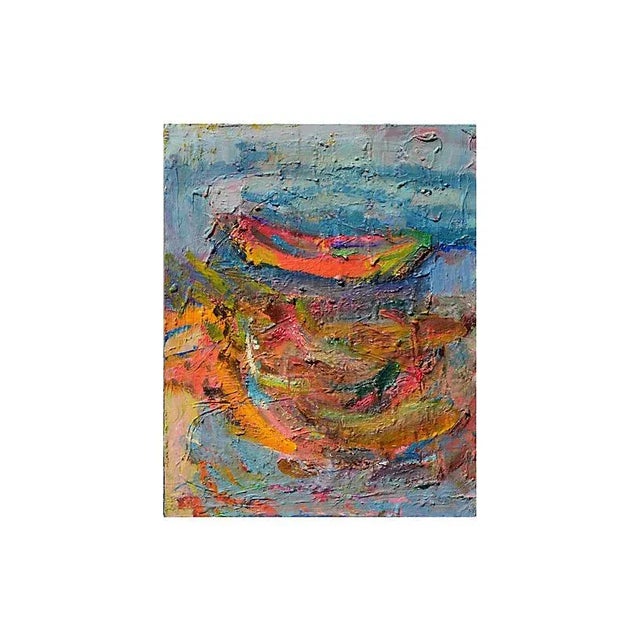 Modern 1980s "Boat in Harbor" Abstract Nautical Oil Painting by Kristin Cohen For Sale - Image 3 of 3