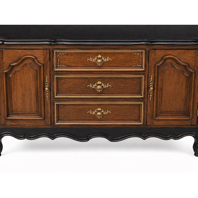 Mid 20th Century Vintage French Provincial Sideboard Buffet – Black Satin Top & Skirt, Tobacco Wood Finish, Gilt Hardware – 60” For Sale - Image 5 of 12