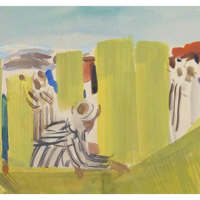 Vivid and bright watercolor of merchants gathered to trade cloth by French artist Ste?phane Magnard, circa 1950. Magnard...
